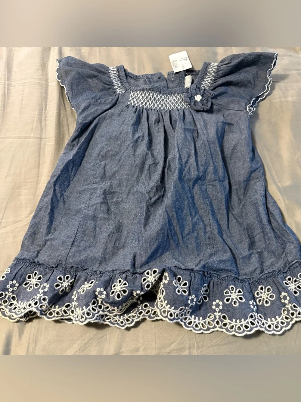 The Children's Place Navy Blue Chambray Smocked Dress with White Embroidery